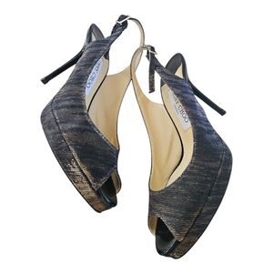 Jimmy Choo Nova 100 Copper Metallic Fabric Peep Toe Ankle Strap Heels EU 37